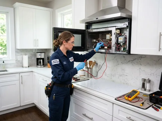Appliance Repair Hero technician testing an over-the-range microwave in a Boron, CA kitchen